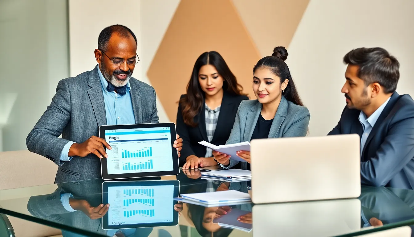 diverse team discussing financial goals in a modern office.