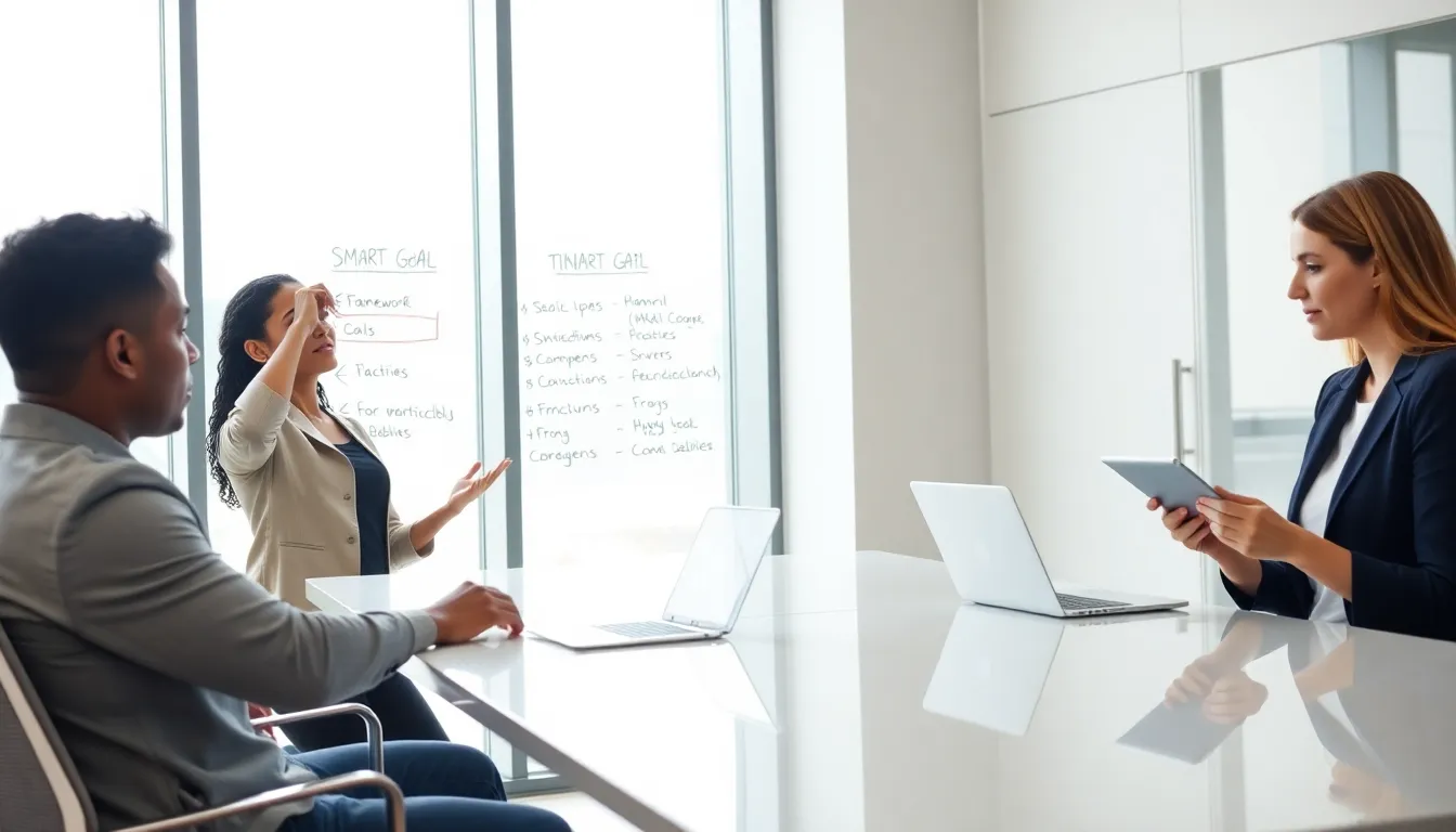 professionals discussing financial goals in a modern office setting.