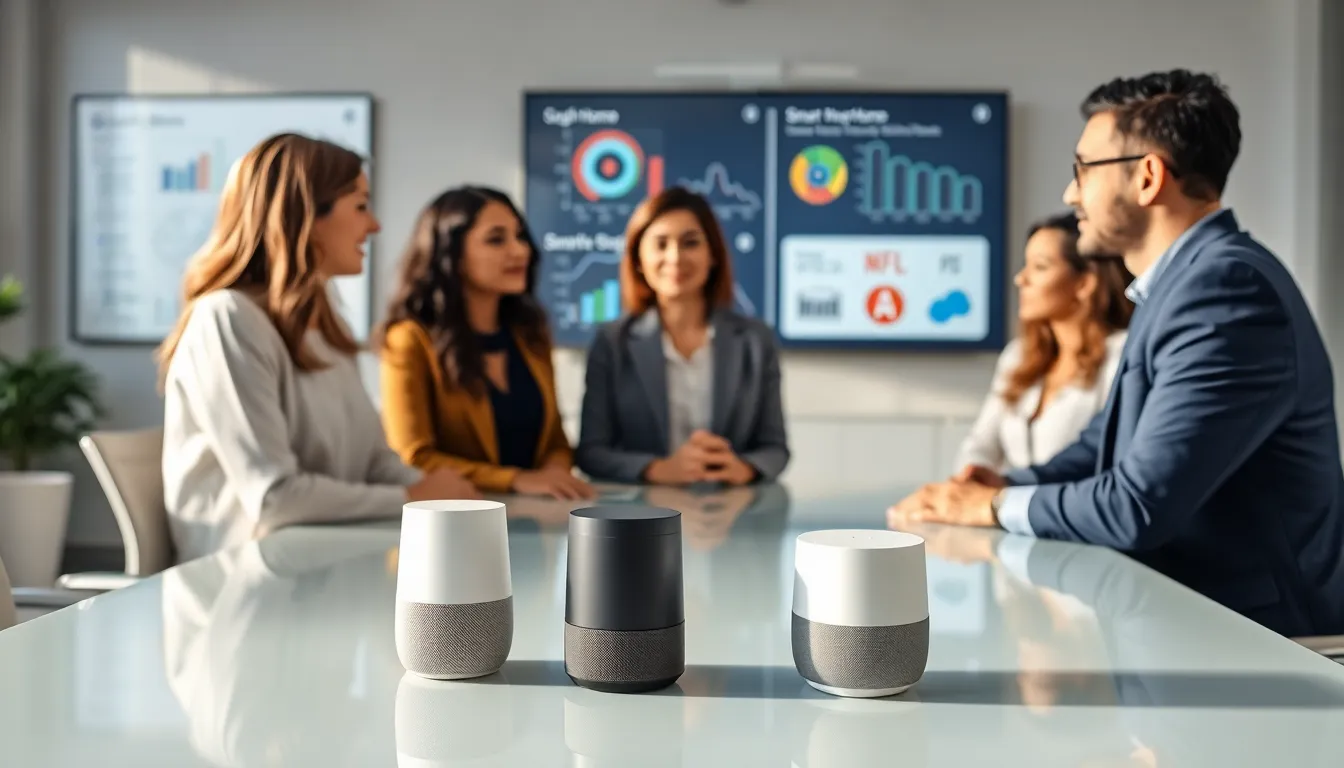 diverse team discussing Google Nest and Google Home smart speakers.