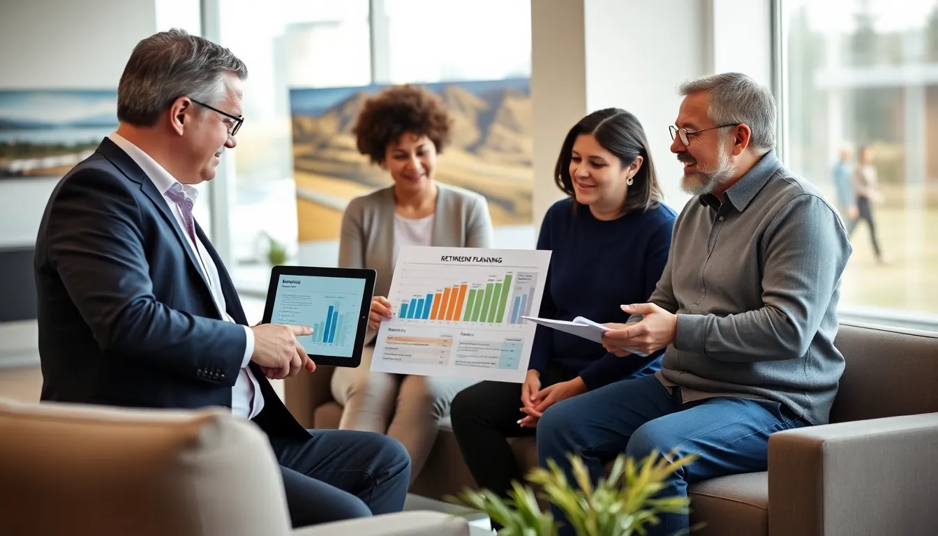 diverse group discussing retirement planning with a financial advisor in an office.