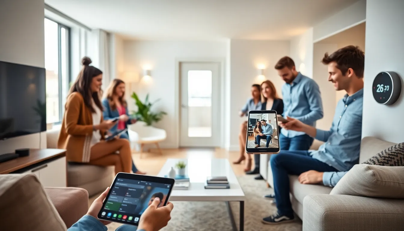diverse professionals engaging with smart home technology in a modern apartment.