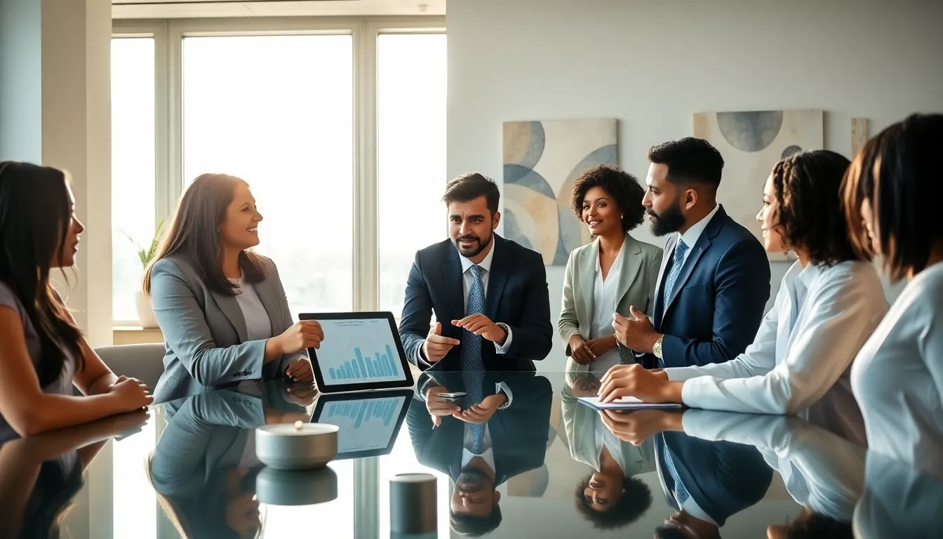 diverse professionals discussing the importance of saving money.