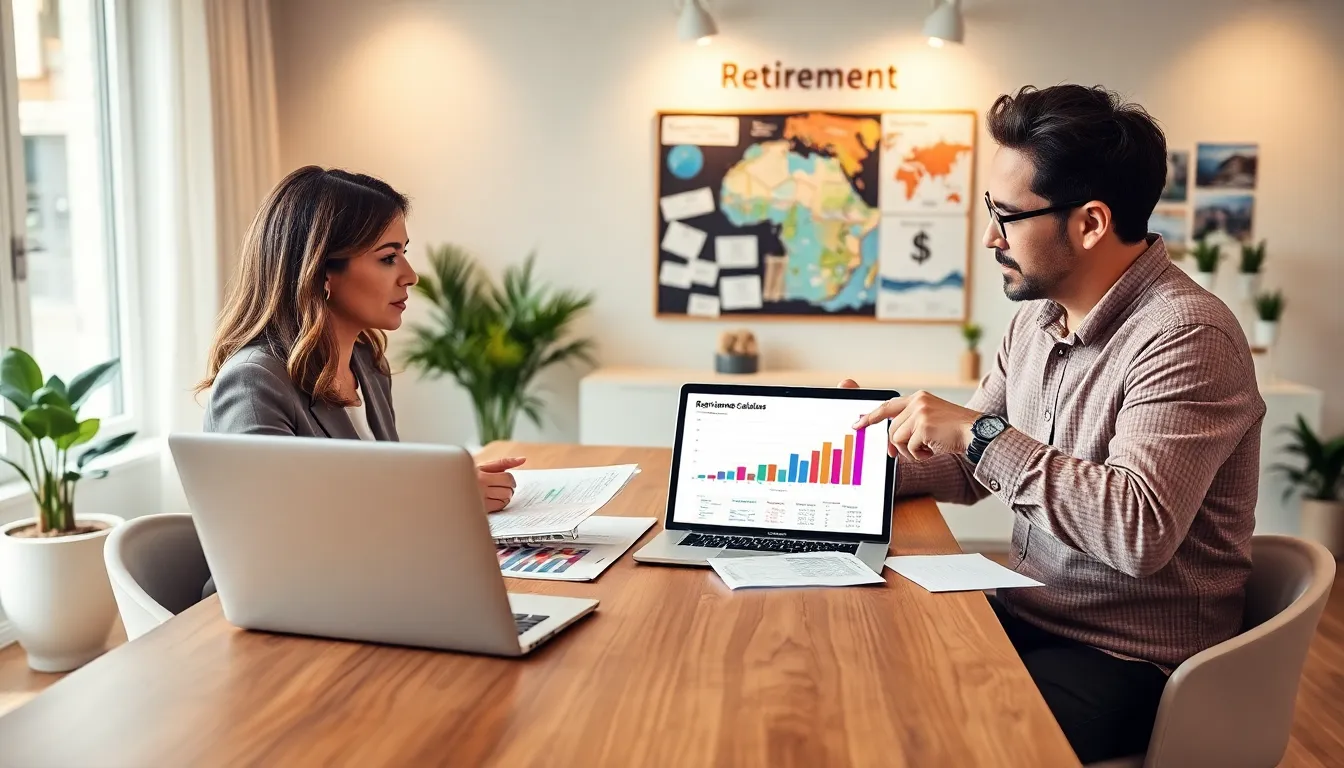 couple discussing their retirement plans in a modern office.